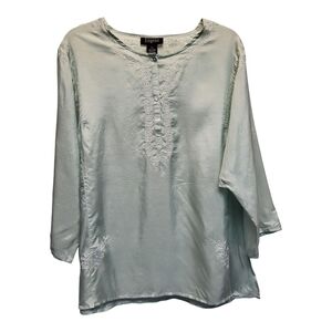 Diagonal Soft Green Embellished 3/4 Sleeve Silk Blouse- Size XL